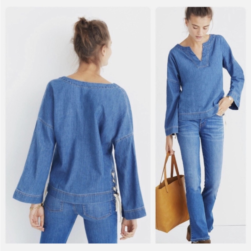 Madewell Denim boho long skeeve blouse with lace up sides.-